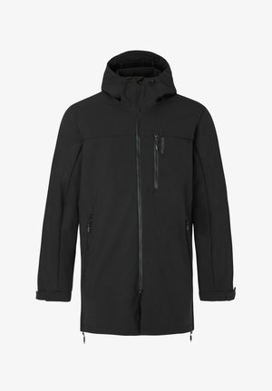 Zwarte waterdichte jas met een rits aan de voorkant, twee zijzakken en een borstzak, voorzien van een afneembare capuchon en verstelbare manchetten.
