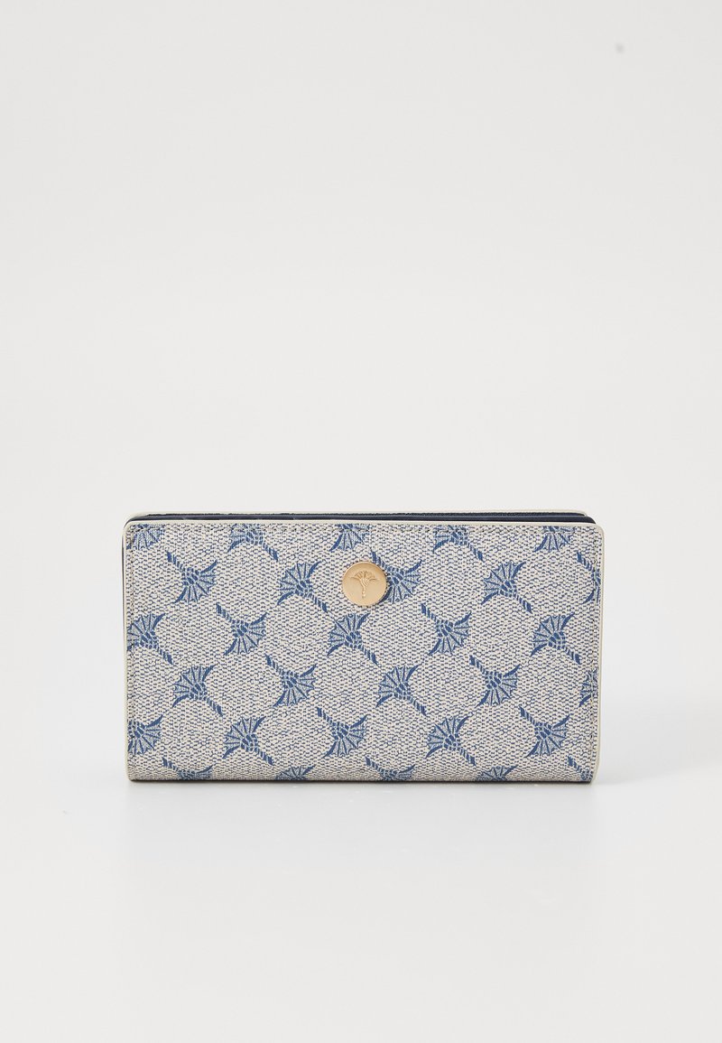 Blue patterned wallet with a textured, woven exterior, gold-tone logo emblem, and a rectangular shape. Closure at the top.