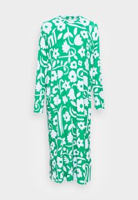 Vestido com estampa floral verde em um tecido suave, com mangas longas, decote redondo e corte reto com fendas laterais.
