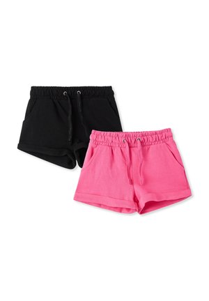 Due paia di pantaloni corti: uno nero e uno rosa. Entrambi hanno una vita elastica con cordoncino, realizzati in un tessuto morbido, con tasche laterali.