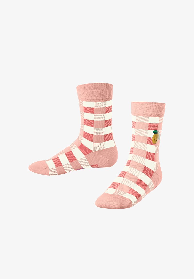 Skarpetki w kratkę z różowo-białym wzorem, z małym haftowanym cytrynkiem z boku. Miękka tekstura i długość do połowy łydki.