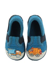 Filz Hausschuhe für Kinder in Blau, mit orangefarbenen Lastwagen- und Müllwagen-Stickereien an der Vorderseite. Gummiband um den Knöchel für einen guten Sitz.