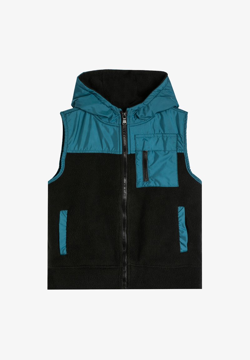 Kamizelka polarowa o czarnym korpusie i akcentach w kolorze teal, z kapturem, zamkiem z przodu oraz wieloma kieszeniami do przechowywania. Miękka tekstura i nowoczesny design.