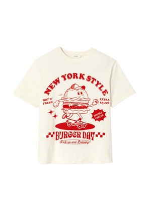 T-shirt blanc avec un graphisme rouge représentant un burger souriant portant une casquette, en train de faire du skateboard, avec le texte « New York Style Burger Day » et des descriptions de nourriture.