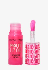 Revolution Pout Lip Oil i en lys rosa farge, med en klar, mønstret tube og en fluffy applikator-tupp, designet for fuktighet og glans.