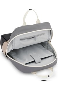 Gray and black backpack with a smooth exterior, spacious interior, a zip pocket, and a padded compartment. Features dual top handles.