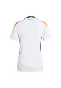 Bílý sportovní dres s krátkými rukávy, se černými bočními panely a červenými a žlutými akcenty na ramenech. Text na horní části zad nese nápis "DEUTSCHLAND."