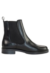 Bottine Chelsea en cuir noir avec une finition lisse, des panneaux latéraux élastiques, un bout arrondi, une languette de tirage et une semelle en caoutchouc texturée.