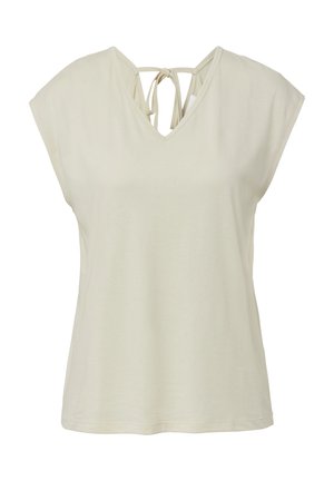 Kremowy, bezrękawnik z dekoltem w kształcie litery V oraz związaną kokardką na plecach.