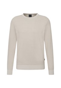 Helle beigefarbene Langarmstrickjacke mit strukturiertem Strickdesign. Verfügt über einen runden Ausschnitt, gerippte Bündchen und einen Saum. Dezenter Logoschilder auf der Seite.