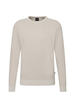 Helle beigefarbene Langarmstrickjacke mit strukturiertem Strickdesign. Verfügt über einen runden Ausschnitt, gerippte Bündchen und einen Saum. Dezenter Logoschilder auf der Seite.