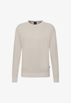 Helle beigefarbene Langarmstrickjacke mit strukturiertem Strickdesign. Verfügt über einen runden Ausschnitt, gerippte Bündchen und einen Saum. Dezenter Logoschilder auf der Seite.