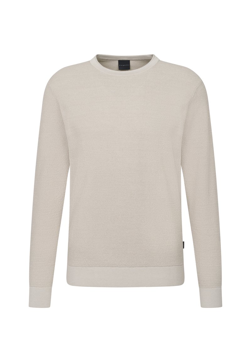 Helle beigefarbene Langarmstrickjacke mit strukturiertem Strickdesign. Verfügt über einen runden Ausschnitt, gerippte Bündchen und einen Saum. Dezenter Logoschilder auf der Seite.