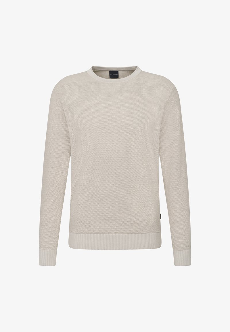 Helle beigefarbene Langarmstrickjacke mit strukturiertem Strickdesign. Verfügt über einen runden Ausschnitt, gerippte Bündchen und einen Saum. Dezenter Logoschilder auf der Seite.