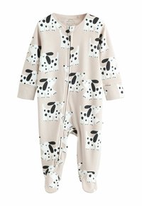 Long-sleeve bodysuit in beige fabric featuring a repetitive dog pattern in black and white. Equipped with a front zipper and footed design.