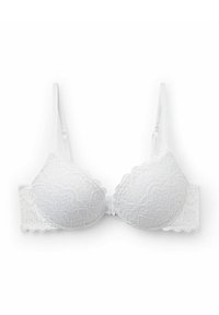 Witte kanten beha met voorgevormde cups, geborduurde randen en verstelbare bandjes, met een delicate bloempatroon op de stof.