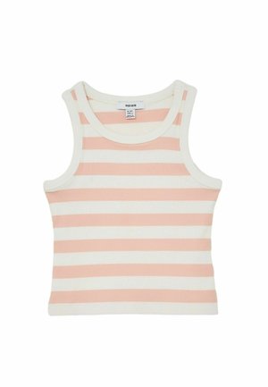 Bezroku ribota topiņa ar horizontālām rozā un baltām svītrām, apaļu kakla izgriezumu un zīmola etiķeti apkakles iekšpusē.