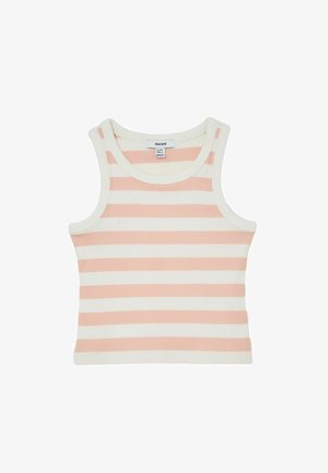 Mouwloze geribbelde tanktop met horizontale roze en witte strepen, een ronde halslijn en een merkembleem aan de binnenkant van de kraag.