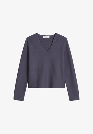 Dunkelgrauer Pullover mit V-Ausschnitt, langen Ärmeln, kurz geschnittenem Design und weicher Textur. Am Halsausschnitt ist ein Etikett mit der Aufschrift "Mare O'Polo" sichtbar.