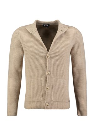 Cardigan bej tricotat cu mâneci lungi, cu nasturi în față, două buzunare frontale și guler șal.