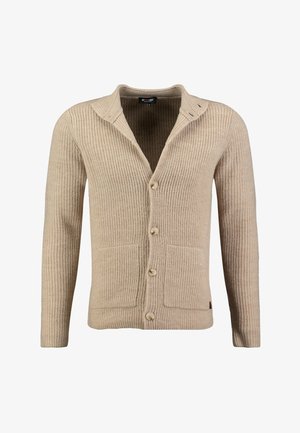 Beige knitted cardigan with long sleeves, button-down front, two front pockets, and a shawl collar.