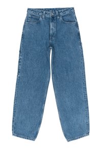 Light blue denim jeans with a loose fit, high waist, and straight wide legs. Features five pockets and a metal button closure.