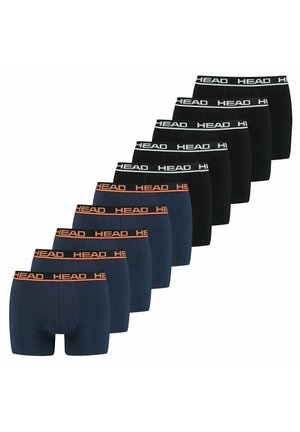 Fünf Paare schwarze und fünf Paare marineblaue Herrenboxershorts mit elastischem Bund, beschriftet mit "HEAD" in weißem und orangefarbenem Text.