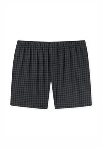 Černé kostkované boxerky s elastickým pasem, s knoflíkem vpředu, vyrobené z měkké tkaniny s hladkým povrchem.