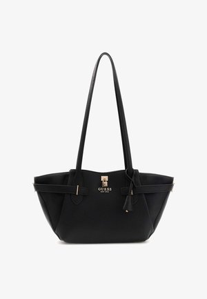 Borsa tote in pelle nera con doppio manico, arricchita da dettagli in oro e una placca con logo. Sottili cinturini laterali esaltano la sua forma strutturata.