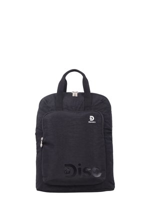 Black Discovery backpack with front zippered pocket, dual top handles, and partial embossed "Disc" logo on pocket.