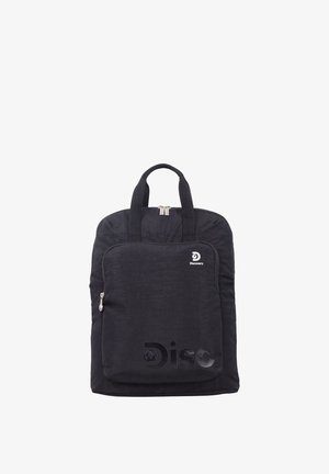 Schwarzer Discovery-Rucksack mit Frontreißverschlusstasche, zwei oberen Griffen und teilweisem, geprägtem "Disc"-Logo auf der Tasche.