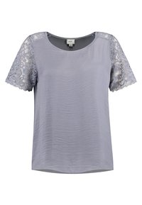 Top corto de manga corta en gris claro con mangas de encaje transparente, escote redondeado y un corte relajado. Tejido texturizado con un acabado suave.
