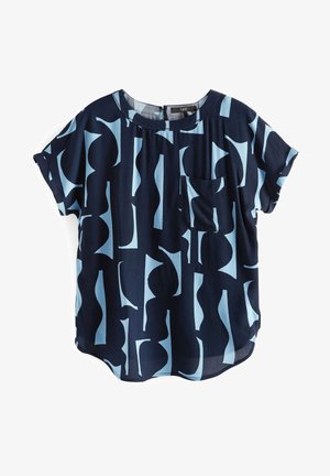 Blouse bleu marine à manches courtes avec motif géométrique abstrait bleu clair, petite poche avant, col rond et coupe décontractée.