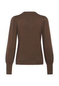 Pull marron à manches longues avec poignets et épaules côtelés présentant un léger détail bouffant, vu de dos sur un fond blanc.