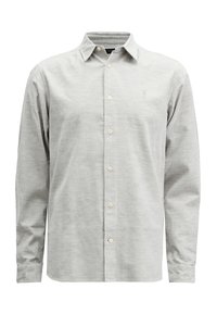 Lys grå langærmet skjorte med knapper lavet af blødt stof, med pointkrave, frontknapper og subtil logo-broderi på brystet.