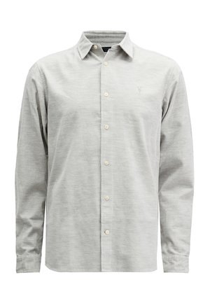 Lys grå langærmet skjorte med knapper lavet af blødt stof, med pointkrave, frontknapper og subtil logo-broderi på brystet.
