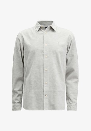 Helles graues Langarm-Hemd aus weichem Stoff, mit Kragen, Knöpfen an der Vorderseite und dezentem Logo-Stickerei auf der Brust.