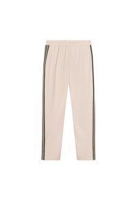 Light beige pants with an elastic waistband and dark green stripes running down the sides. Made from soft fabric, featuring a relaxed fit.
