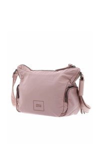 Pink nylon crossbody bag with zippered pockets, an adjustable strap, and a subtle logo patch. Soft texture, compact design.