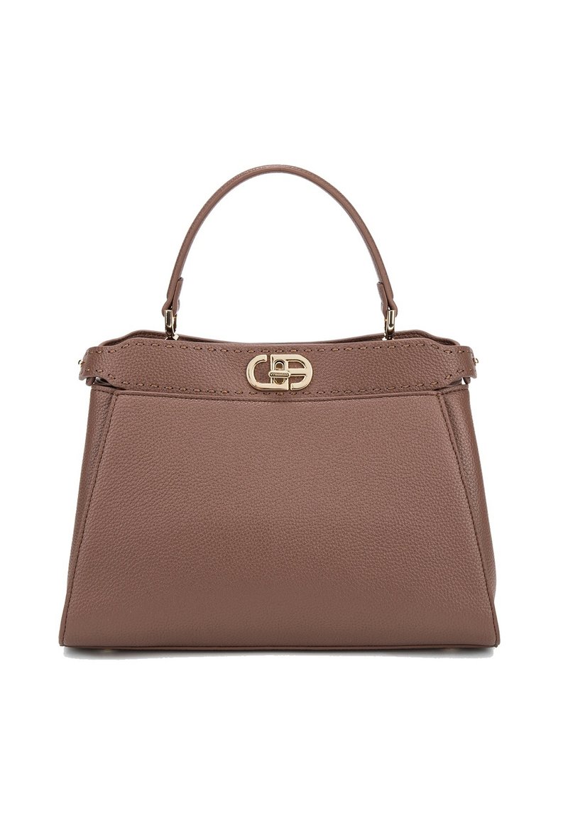 Borsa a tracolla in pelle marrone con un design strutturato, manico superiore, chiusura in metallo dorato e dettagli di cucitura discreti lungo i bordi.