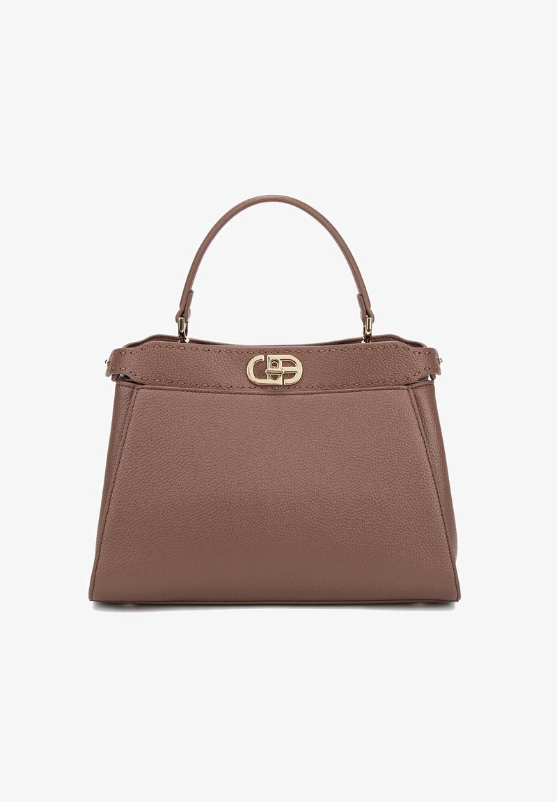 Borsa a tracolla in pelle marrone con un design strutturato, manico superiore, chiusura in metallo dorato e dettagli di cucitura discreti lungo i bordi.