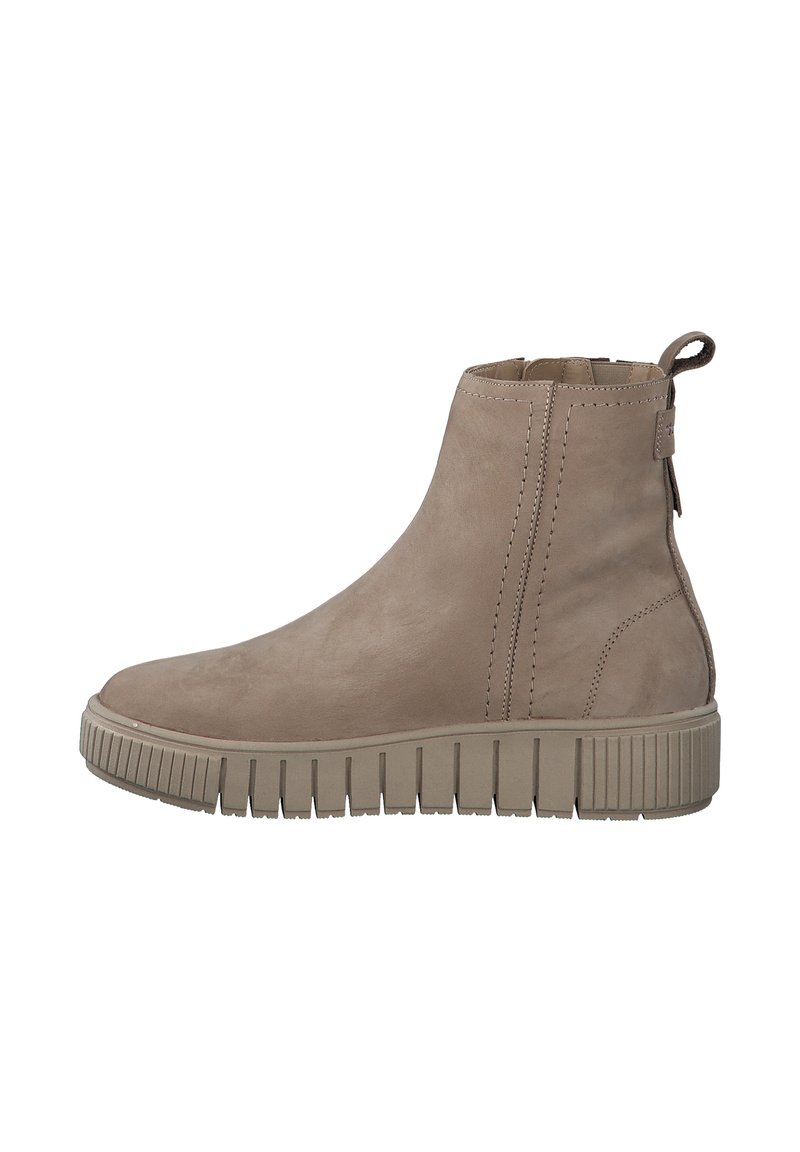 Bottine en cuir beige, avec une semelle texturée, un bout rond et une languette à l'arrière ; présente des coutures visibles et une finition lisse.