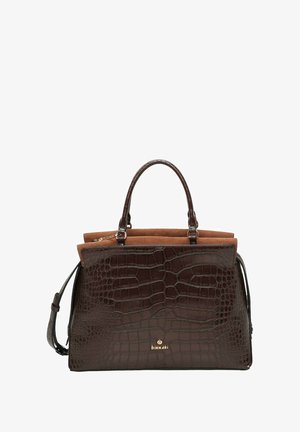 Bolso de mano de cuero con estampado de cocodrilo en color marrón, con acentos de ante, forma estructurada, dobles asas superiores, correa para el hombro desmontable y detalle de logo metálico.