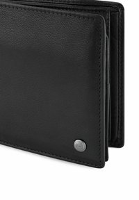 Black leather wallet with textured surface, bifold design, silver logo stud, and visible stitching detail along the edges.