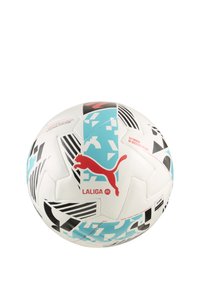 Hvid fodbold med en tekstureret overflade, sorte og turkise geometriske mønstre, med et rødt Puma-logo og LaLiga-branding.
