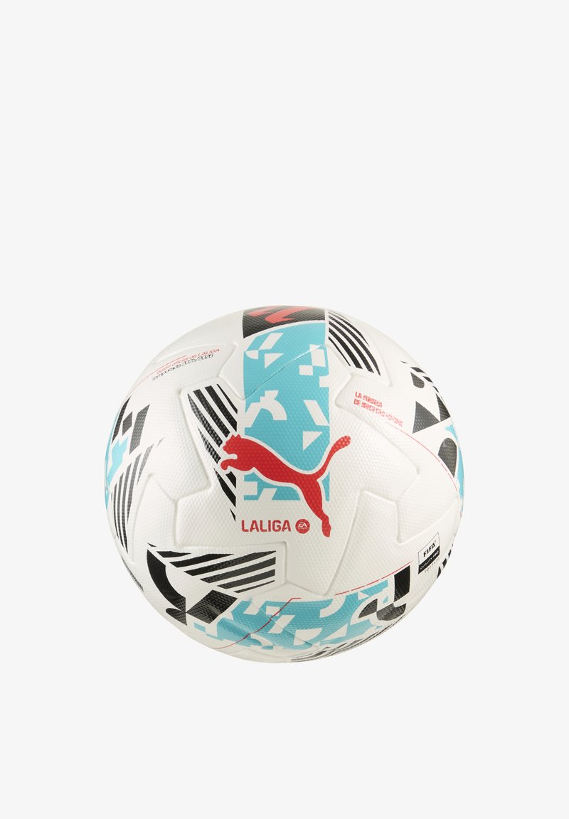 Hvid fodbold med en tekstureret overflade, sorte og turkise geometriske mønstre, med et rødt Puma-logo og LaLiga-branding.