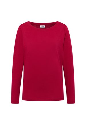 Rotes Langarm-T-Shirt mit rundem Halsausschnitt. Aus weichem Stoff gefertigt, mit glatter Textur und einem schlichten, unverzierten Design.