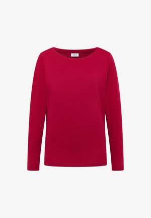 Maglietta rossa a maniche lunghe con scollatura tonda. Realizzata in un tessuto morbido, presenta una texture liscia e un design semplice, senza decorazioni.