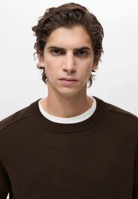 Brown knitted sweater with a crew neck, featuring a ribbed collar and a white inner shirt visible at the neckline, textured finish.