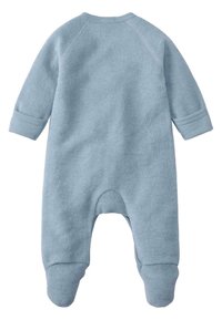 Blauwe katoenen fleece onesie met lange mouwen, rib gebreide manchetten, voetdesign en een ronde hals. Zachte textuur en naadloze achterkant.